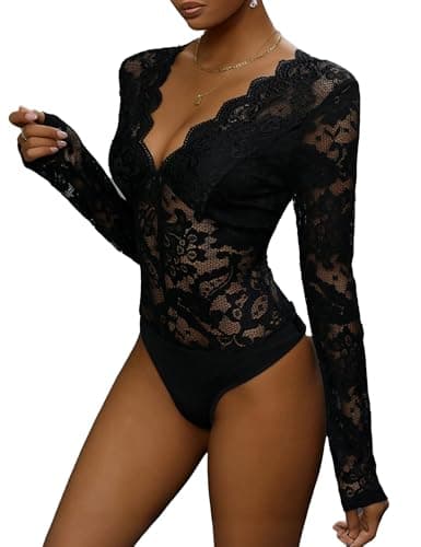 Image of Everbellus Sexy Lace Bodysuits for Women Long Sleeve Deep V Lingerie Body Suit Top Date Night Clubwear Black XLarge