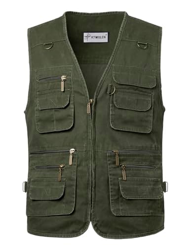 Image of KTWOLEN Mens Fishing Gilet Waistcoat Safari Multi Pocket Dog Training Vest Hunting Hiking Vest Sleeveless Jacket Outdoor Photography Gilet, Green, M