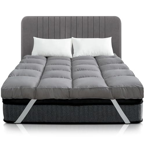 Image of Linens World Mattress Topper Double Bed Grey | Quilted, Super Soft Microfiber 1200GSM Fiber Fill Anti Allergy, Washable Topper Fits with Elastic Straps For Extra Comfort (137X190CM)