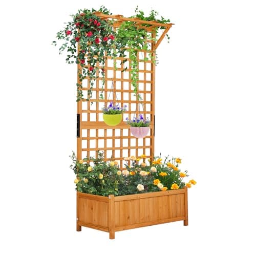Image of Outopee Garden Planter with Trellis, Wooden Raised Beds for Climbing Plants, Vines, Flowers, Outdoor Planter Box with Drainage Holes, 90 * 44 * 184CM, Orange