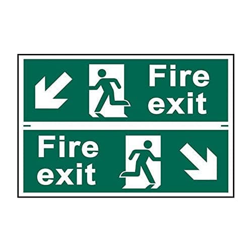 Image of Fire Exit Safety Sign, Man Running Arrow Diagonally Down Left/Right, Self-Adhesive Semi-Rigid PVC, 300mm x 100mm, 2 Per Sheet