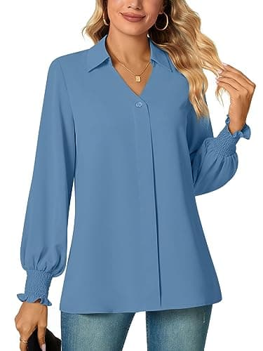 Image of Aodemo Women's Fall Collared V Neck Business Blouse Loose Puff Long Sleeve Shirt Chiffon Tunic Dressy Tops with Smocked Cuffs S, Blue