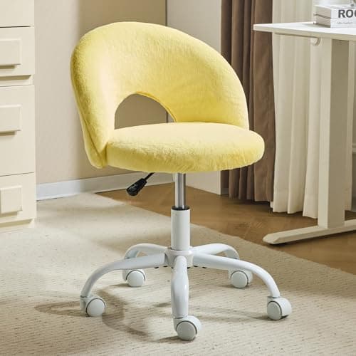 Image of Bonnlo Comfy Vanity Chair with Wheels Small Office Chair Modern Swivel Dressing Table With Adjustable Height for Home Office, Bedroom, Dressing Room, Faux Fur, Yellow