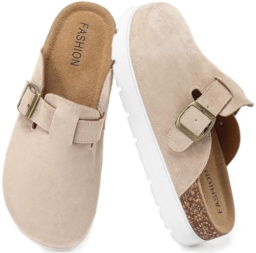 Image of Women's Suede Platform Clogs with Cork Footbed, Closed Toe Sandals with Adjustable Buckle, Mules Anti Slip On, Comfort Potato Shoes Footwear, Memory Foam Slippers Outdoor Beige