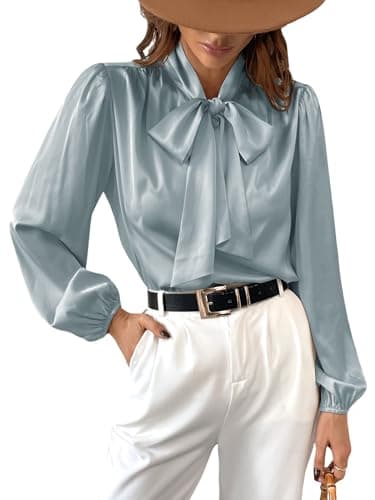 Image of CUPSHE Satin Shirt Top for Women Bow Tie Long Sleeve Shiny High Neck Work Casual Blouses Mint Green L