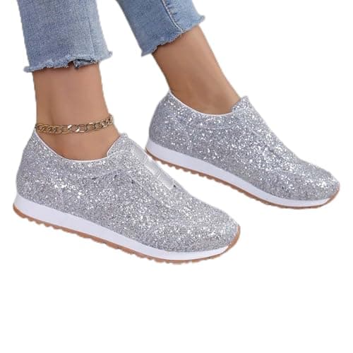 Image of Sequin Shoes For Women Womens Glitter Slip On Trainers Breathable Lightweight Sneakers Sparkly Metallic Sport Pumps For Party Casual Plat Bottom Walking Trainers Tennis Shoes For Women Uk