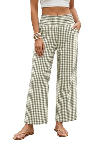 Image of IWEMEK Womens Wide Leg Checked Trousers : High Waisted Tartan Palazzo Pants - Summer Trousers with Pockets, Elastic Stretch Waist for Comfort, Lightweight for Travel, Beach and Casual Wear Yellow