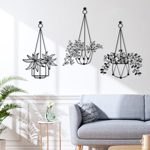 Image of QUMENEY 3 Pcs Black Flower Wall Art Decoration Hanging Basket Plant Potted Sign Wall Arts Decor for Home Living Room Bedroom Bathroom Kitchen Hallway Outdoor Indoor
