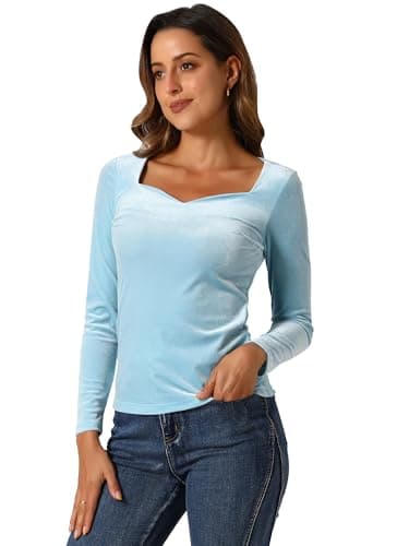 Image of Allegra K Velvet Tops for Women's Christmas Long Sleeves Sweetheart Neck Blouse Medium Light Blue