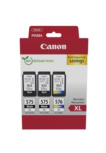 Image of Canon PG-575XL x 2 / CL-576XL High Yield Genuine Ink Cartridges, Pack of 3 (2 x Black, 1 x Colour) - Security Cardboard Multipack