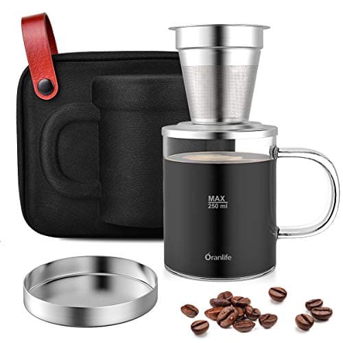 Image of Oranlife Pour Over Coffee Maker Set for Travel/Camping/Hiking, Single Cup, Stainless Steel Coffee Filter, 14 Oz Borosilicate Glass Mug, Extra Permanent Lid and Moulded Neoprene Case, at Home/Office