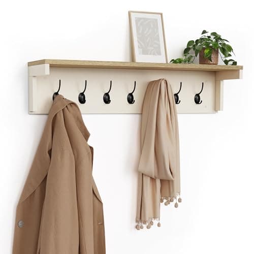 Image of VonHaus Coat Hooks Wall Mounted - Cream Coat Rack with Shelf & 7 Strong Double Hooks – Wall Mounted Jacket Hanger Hallway Organiser with Melamine Wood Effect for Hall & Entryway - Ash Hall
