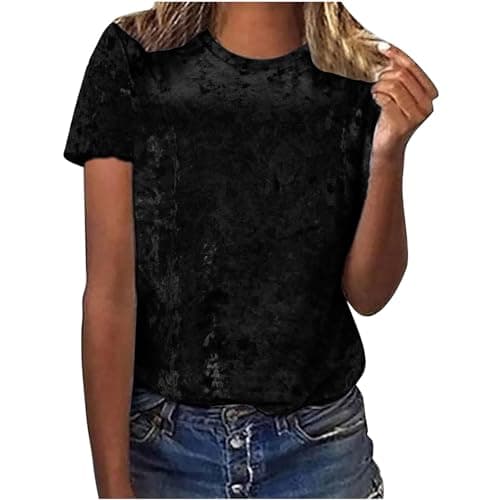 Image of Velvet Short Sleeve T Shirts for Women UK Crew Neck Tops Casual Fashion Blouse Crewneck Loose Fit Tunic Tops Summer Spring Outfit Ladies Work Office Tee Shirt Solid Color Top Black