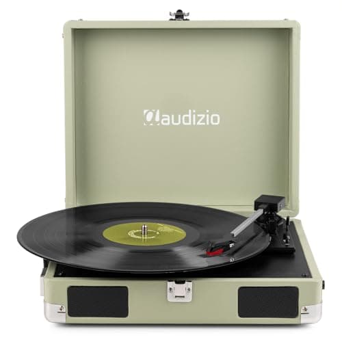 Image of Audizio RP111W Turntable Vinyl Case Retro Wood Green with Built-In Speakers, 3 Speeds 33, 45, 78 RPM, RCA Output and Headphones, Portable, Ideal for Listening to Vinyl Anywhere