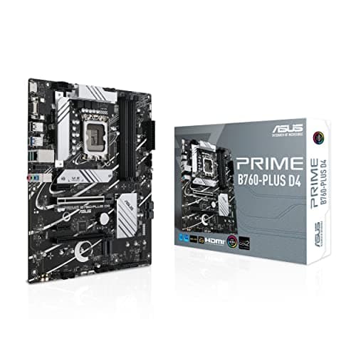 Image of ASUS Prime B760-PLUS D4, an Intel B760 LGA 1700 ATX motherboard with PCIe 5.0, three PCIe 4.0 M.2 slots, DDR4, Realtek 2.5Gb Ethernet, DisplayPort, VGA, HDMI, SATA 6 Gbps, USB 3.2 Gen 2x2 Type-C