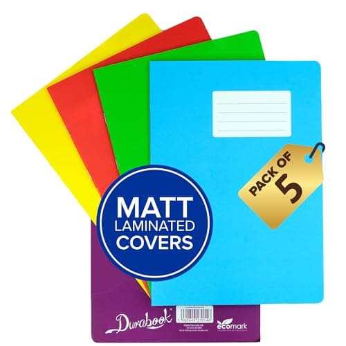Image of Durabook A4 8mm F&M 5 Assorted Colour Exercise Books, Pack of 5, 80 Page Durable Matt Laminated Water-Resistant Cover, Ruled & Margin School Notebook, Great Office, Home & School Supplies