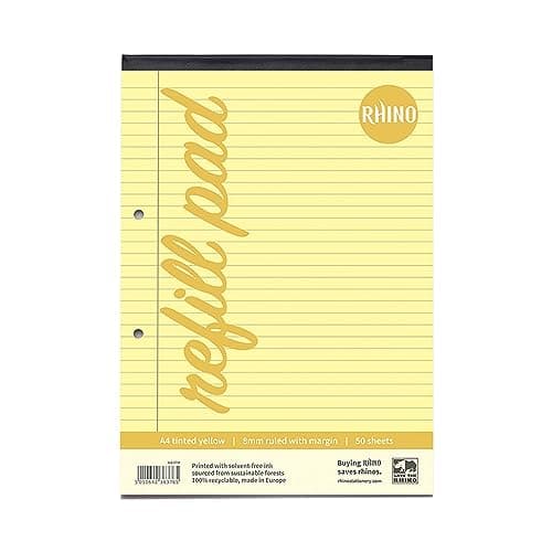 Image of RHINO A4 Refill Pad, Writing Pad, 100-Page / 8mm Lined with Margin, 1-Pack, Yellow Lined Writing Paper for Dyslexia & SEN, Office & School Stationery Supplies