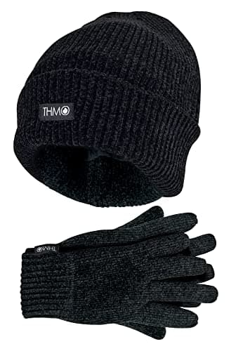 Image of THMO Ladies Thinsulate Hat and Gloves Set Soft Chenille Ribbed Beanie Hat & Gloves for Women (One Size, Black)