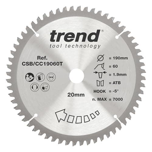Image of Trend Wood Cordless Mitre Saw Blade, 190mm Diameter, 20mm Bore, 60 Teeth, 1.9mm Kerf, -5° Hook, TCT, Extra-Fine Finish, CSB/CC19060T