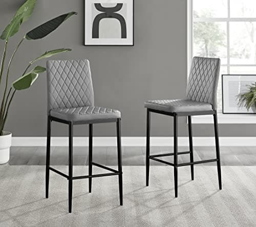 Image of Furniturebox UK Breakfast Counter Stools - Milan Stools for Kitchen Counter or Dining Room - Set of 2 - Contemporary Grey Soft Faux Leather Stools with Black Legs (2x Grey Faux Leather Stools)