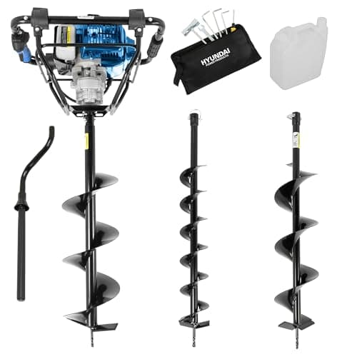 Image of Hyundai 56cc Petrol Earth Auger with Safety Brake, 100mm 150mm & 200mm Drill Bits, Anti-Vibration Handle, Heavy Duty Post Hole Digger