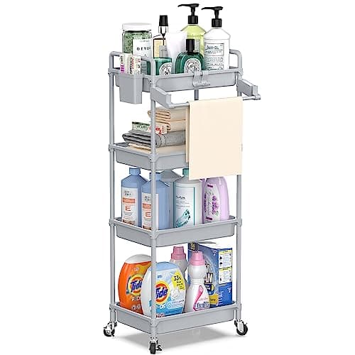 Image of SPACEKEEPER Rolling Storage Cart, 4-Tier Bathroom Organizer Utility Cart Laundry Room Organization Mobile Shelving Unit with Towel Rack, Lockable Wheel, Hooks & Cup for Kitchen Bedroom Office, Grey