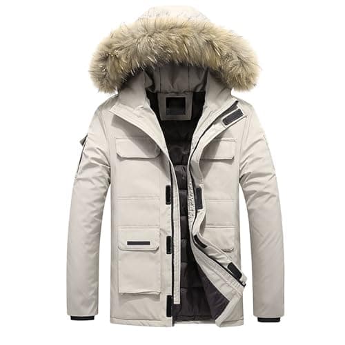 Image of Men's Winter Jacket Winter Leisure Thickened Warm Cotton Lined Jacket Long Trend Pretty Collar Goose Jacket, khaki, 3XL