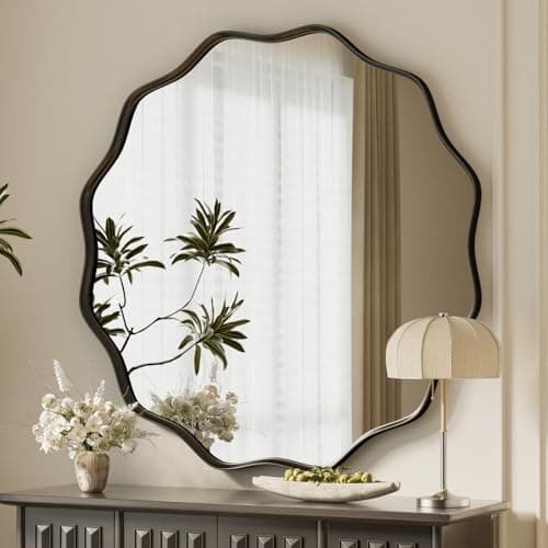 Image of Koonmi Wavy Edge Large Round Mirror, 90cm Wall Mirror with Textured Round Metal Frame, be Hung or Placed against the Wall, suitable for Bathroom, Corridor, Entrance, Living Room, Black