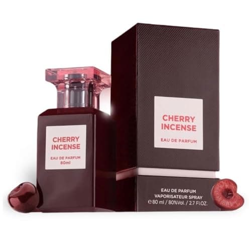 Image of Cherry Incense Eau de Parfum 80ml by Fragrance World, Unisex Fruity Smoky Perfume, Long Lasting Luxury Fragrance with Leather & Woody Notes, Elegant Scent for Men & Women