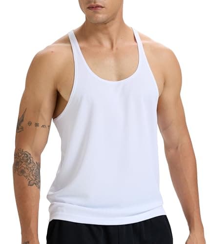 Image of Men's Stringer Tank Top Bodybuilding Workout Gym Vest Sleeveless Shirt Y-Back Dry Fit Training Muscule Cut T-Shirt White L