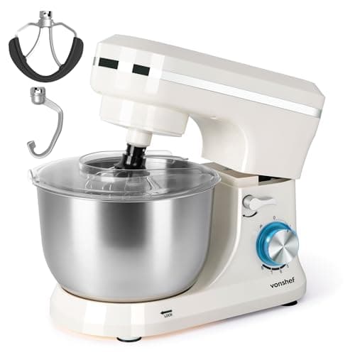 Image of VonShef Cream Stand Mixer 1000W - Electric Stand Mixers for Baking, 8 Speed Standing Food Mixer with Splash Guard, 4.5L Stainless Steel Mixing Bowl, Beater, Dough Hook & Balloon Whisk