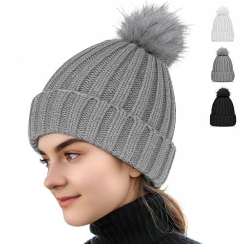 Image of Beanie hat for Women, Soft Winter Hats with Faux Fur Pom for Women, Thick Knitted Ski Cap Warm Hat, Warm Fleece Lining Beanie for Cold Weather Outdoor Camping Hiking Skiing Gray