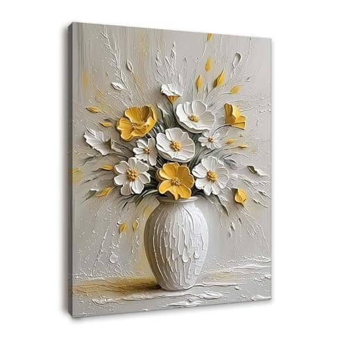 Image of Framed Canvas Wall Art for Living Room Modern Yellow and White Floral Artwork, Elegant Vase Flower Decoration, Textured 3D Canvas Painting for Bedroom or Hallway with Hooks and Magic Tape 16 x 20 inch