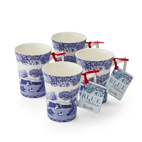 Image of Spode x Blue Italian Set of 4 Cottage Style Mugs - Durable Earthenware, Made in England, Signature Blue and White Design, Microwave & Dishwasher Safe, Suitable for Tea, Coffee