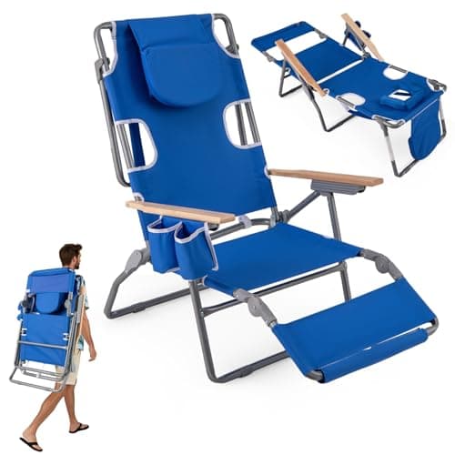 Image of COSTWAY 3-in-1 Foldable Beach Chair, Lay-Flat Tanning Recliner with Face Hole, Footrest, Adjustable Backrest and Pillow, Portable Reclining Lounge Chair for Camping Poolside Lawn (Navy)