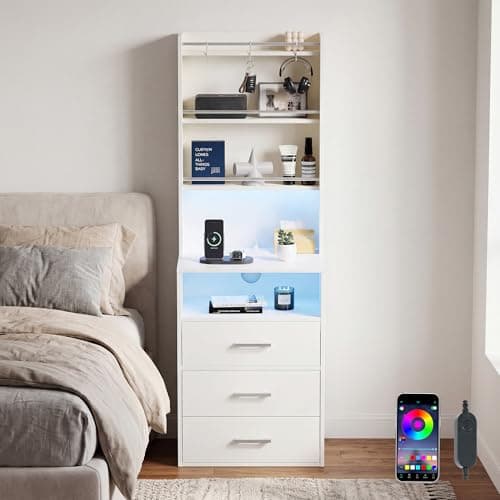 Image of Bedside Table with Charging Station&LED Lights, Tall Nightstand with Bookshelf,LED Bedside Cabinet with 3 Drawers&Storage Shelves&Hooks,Bed Side Table For Bedroom,Sofa Table For Living Room (White)