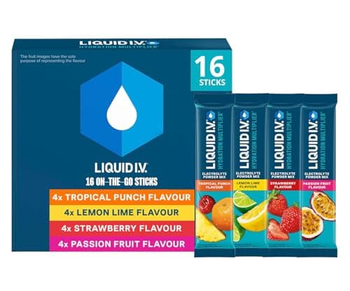 Image of Liquid I.V. Hydration Multiplier Electrolyte Powder Mix Variety Pack, Lemon Lime, Passionfruit, Strawberry and Tropical Punch Flavours, for Fast Hydration & Energy, 16 Sachet Sticks