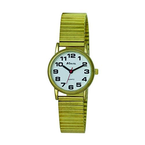 Image of Ravel Unisex Easy Read Watch with Big Numbers on Stainless Steel Expander Bracelet - Gold Tone/White Dial