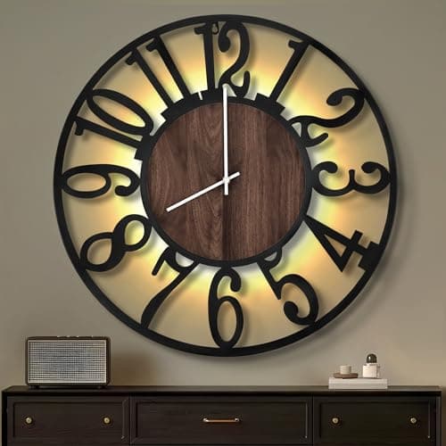 Image of Maxstar 80CM Large Wall Clock for Living Room, Battery Operated,Nearly Silent,Wood Style,Modern Led Wall Clock for Bedroom,Garage,Office,Dining Room, Kitchen Decor(Arabic numeral,Black-32)