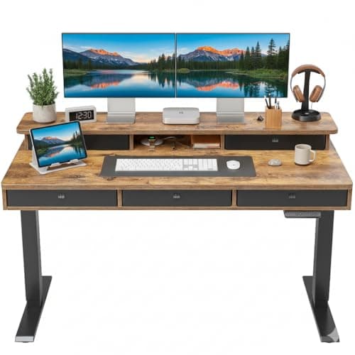 Image of FEZIBO Electric Standing Desk with 5 Drawers, 140 * 60 cm Height Adjustable Sit Stand Home Office Ergonomic Desk, Splice Board, Rustic Brown