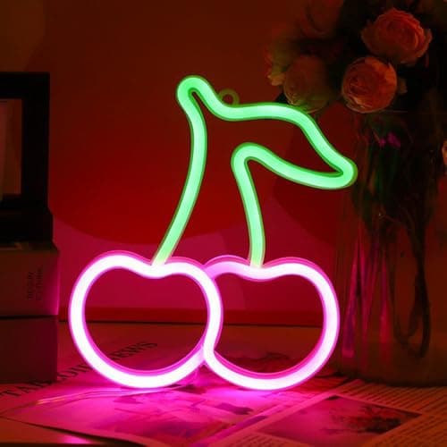 Image of Mineup Cherry Neon Light, Pink Neon Wall Light, Cherry Neon Sign, LED Signs Cherry Neon Light Signs, Fruit Neon Lamp Sign, USB/Battery Powered Neon Night Light for Bedroom, Bar, Party, Christmas Decor