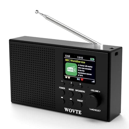 Image of WOVTE DAB Digital Radio Colour Display Portable Rechargeable Battery or Mains Powered Small FM Radio with 80 Presets, Bluetooth, Aux In, TF Card USB Socket Alarm Clock Sleep Timer & Headphone Socket