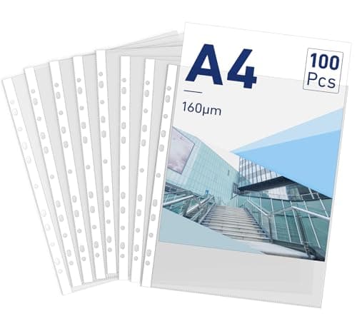 Image of A4 Plastic Punched Pockets,100 Extra Strong Plastic Wallets,Heavy Duty 160 Micron Polly Pockets Filing Folders Wallets Sleeves DIN A4,Waterproof Folders Filing Sleeves for Home Office School Document