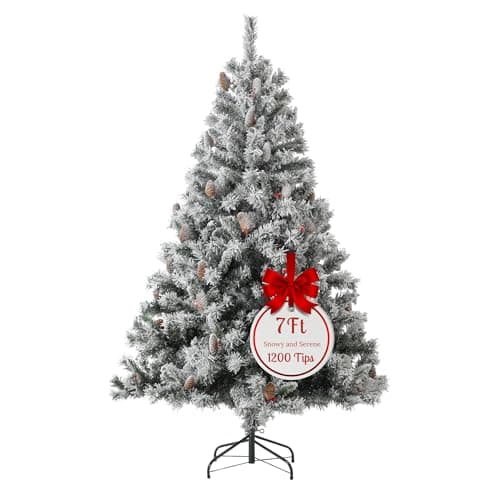 Image of EVRE 7FT White Snow Flocked Artificial Christmas Tree 1200 Tips Xmas Pine Red Berries Metal Stand Fir Spruce Green Large Tree 210cm Hinged Branches Realistic Easy Assembly Indoor Holiday Decorations