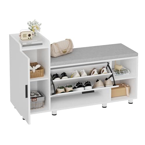 Image of BonVache Shoe Storage Bench with Cushion, White Shoe Bench 105cm Lounge with 2 Shelves and 4 Compartments, Hallway Storage Unit with Seat, Living Room