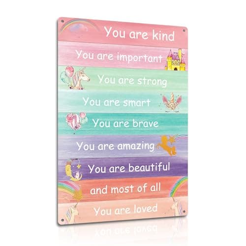 Image of You Are Loved Metal Wall Sign 8×12 Inch – Rainbow Unicorn Inspirational Quote Plaque – Positive Affirmation Wall Art for Kids Bedroom or Nursery (2571)
