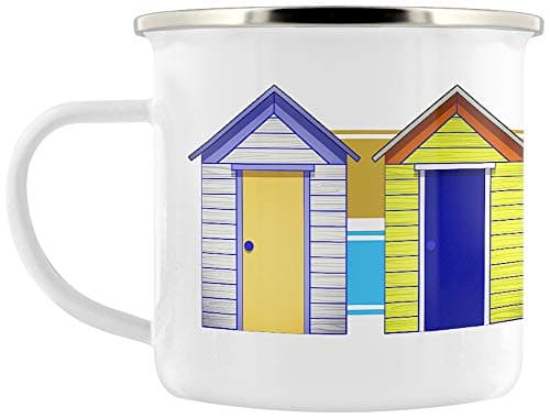 Image of Grindstore Beach Huts White Enamel Mug 8cm with Timeless Design, Lightweight and Durable Metal Construction, Ideal for Hot and Cold Drinks