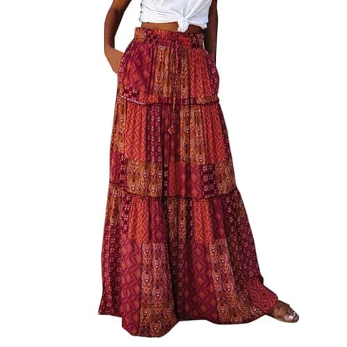 Image of EMUKFD midi Skirts for Women UK Summer Boho Floral Print High Elastic Waist A Line Maxi Skirt Elegant Pleated Tiered Flowy Beach Vacation Long Skirts Pockets Bohemia Long Dresses