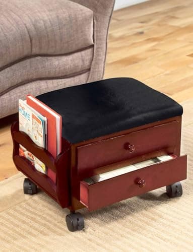 Image of Chums Padded Storage Footstool with Drawers Magazine Rack and Lockable Castors Mahogany