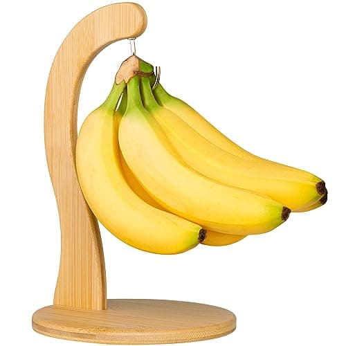 Image of Golden Nature - Banana Holder w/Hanging Hook - Rustic Wooden Grape Stand for Kitchen Countertop - Bamboo Banana Hanger To Keep Bananas & Fruits Fresh